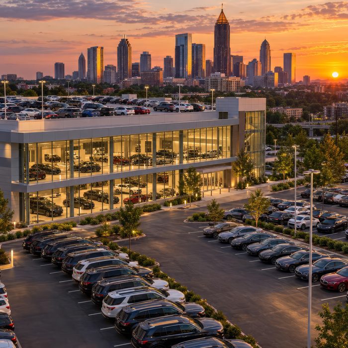 A dealer lot at sunset