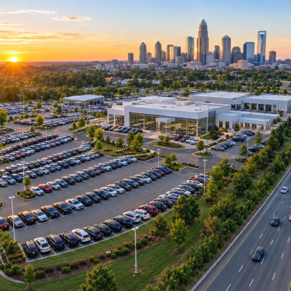 A large dealer campus at sunrise