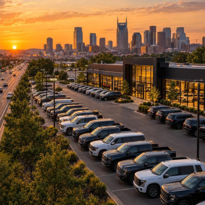Rows of trucks on a dealer lot at golden hour